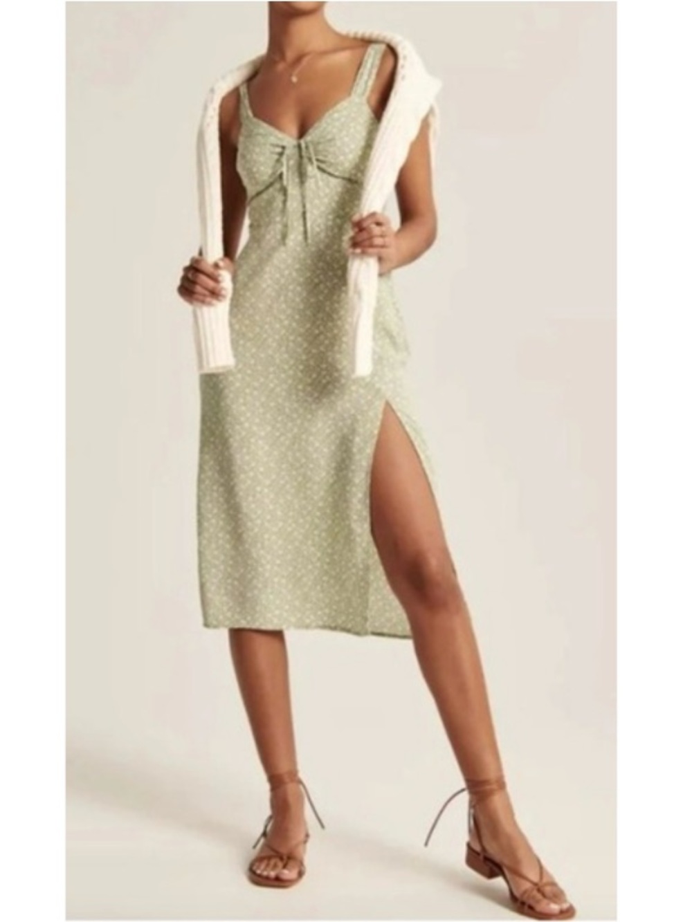 Abercrombie & Fitch Ditsy Floral Woven Crepe Sleeveless Midi Slip Dress Green XS